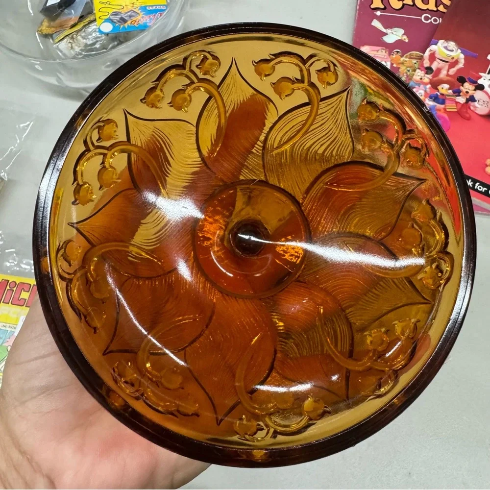 Vintage Fenton Amber Opalescent Lily of the Valley Lidded Pedestal Candy Dish